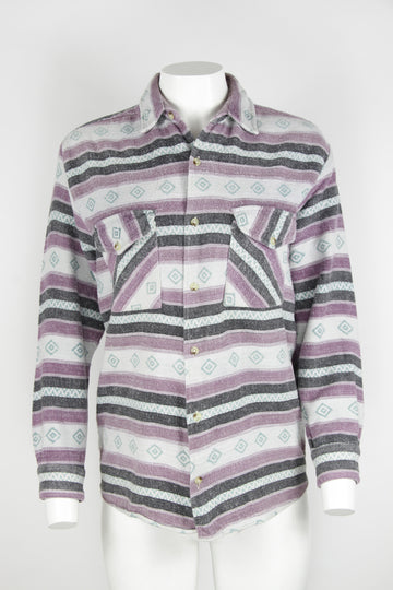 Patterned Flannel Shirt - Purple Green Grey stripe and pattern - S/M