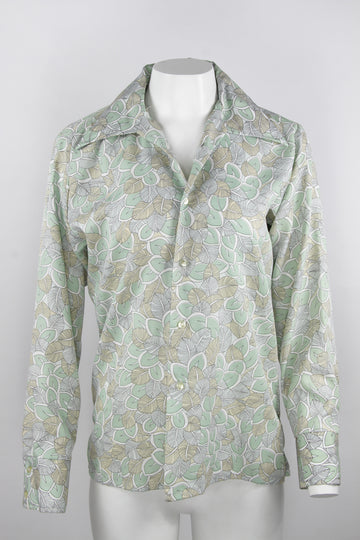 Vintage 70s poly shirt with leaf motif - M/L